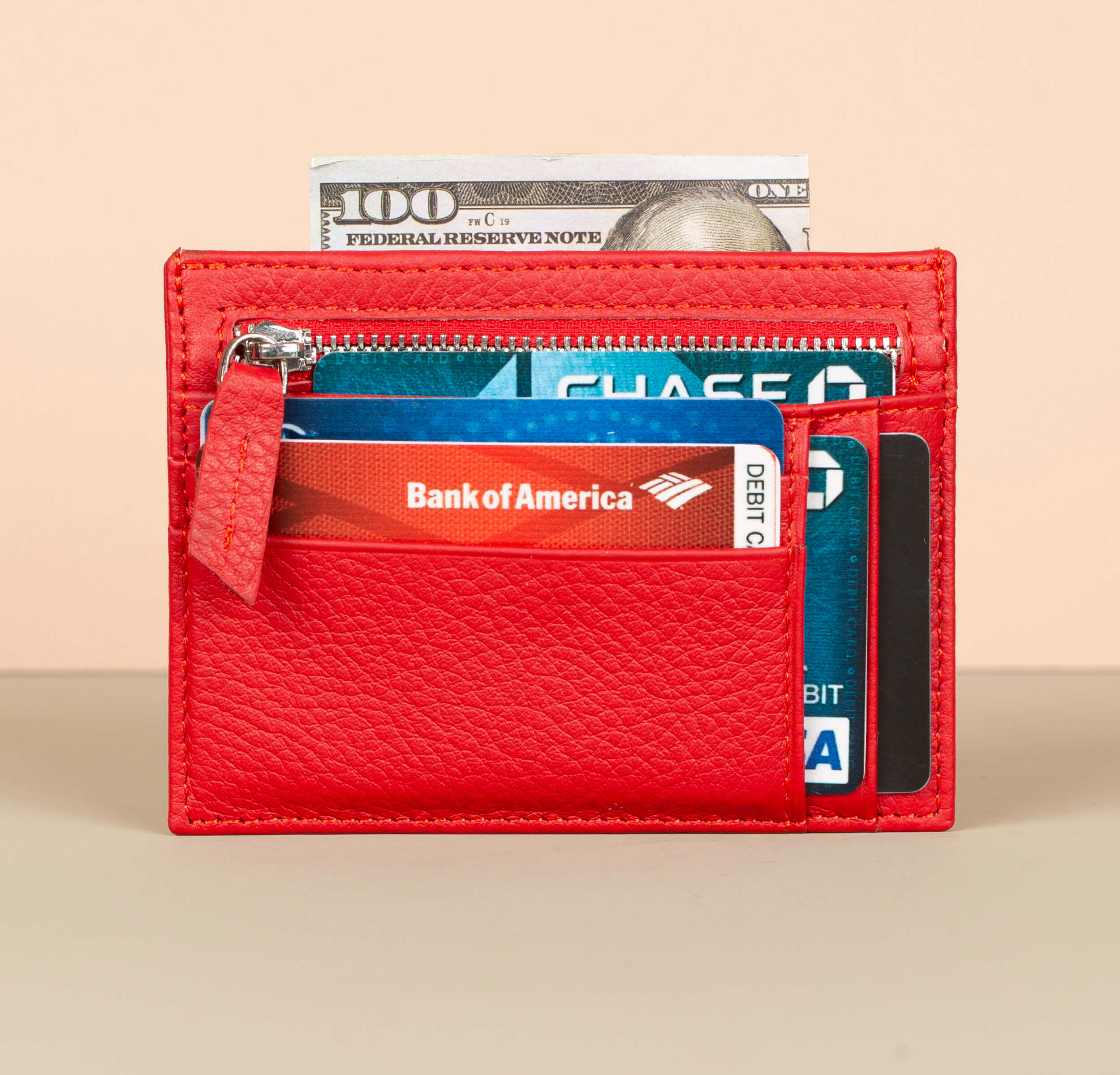 Vibrant Leather Card Holder with Zipper Pocket - Red - Concord