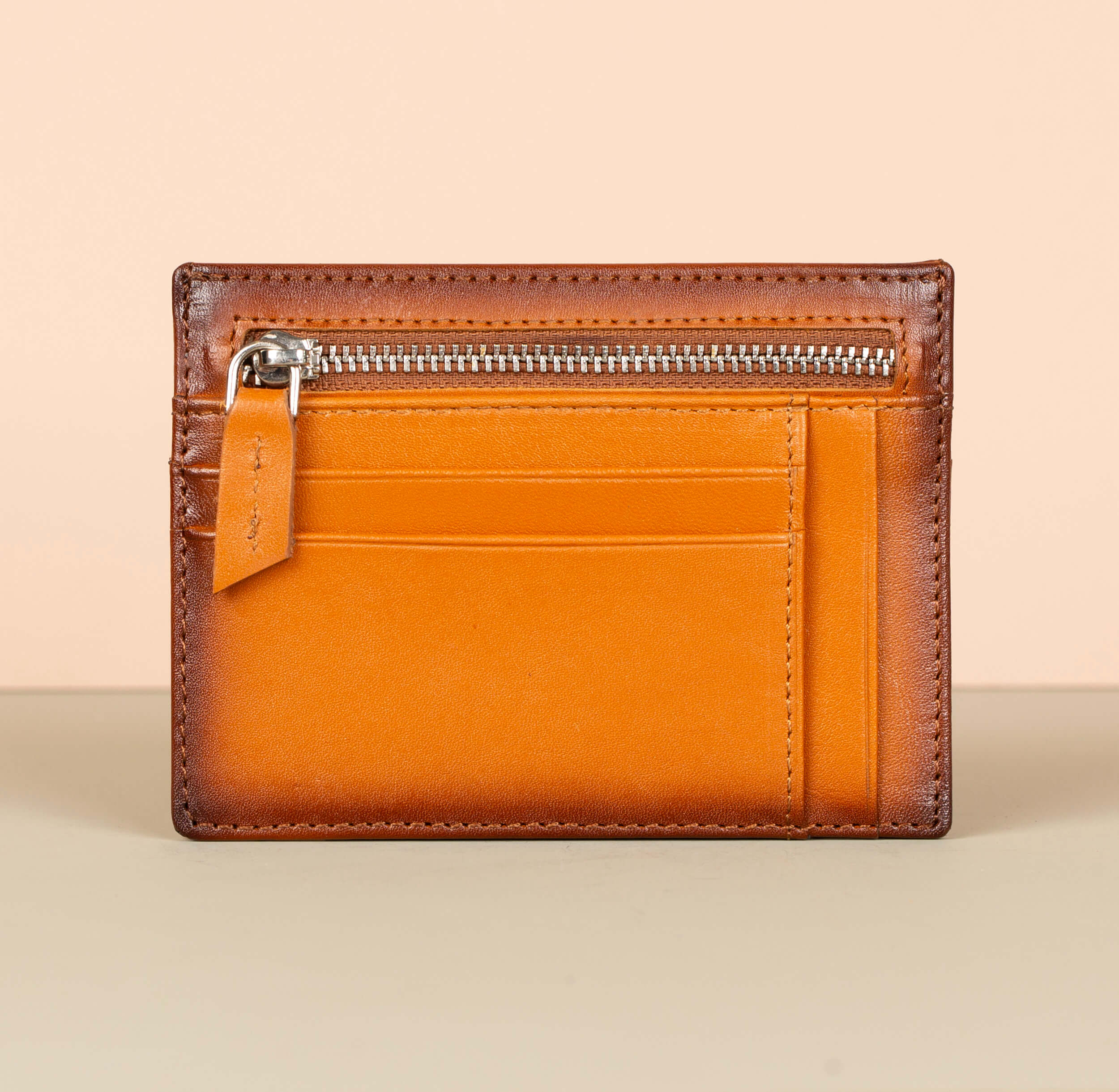 Vibrant Leather Card Holder with Zipper Pocket - Caramel Brown - Concord