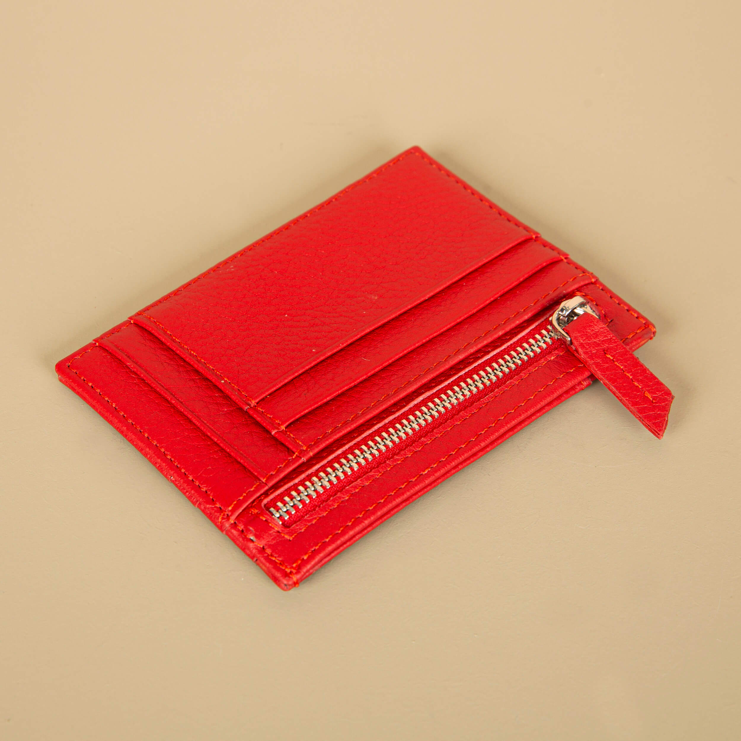 Vibrant Leather Card Holder with Zipper Pocket - Red - Concord