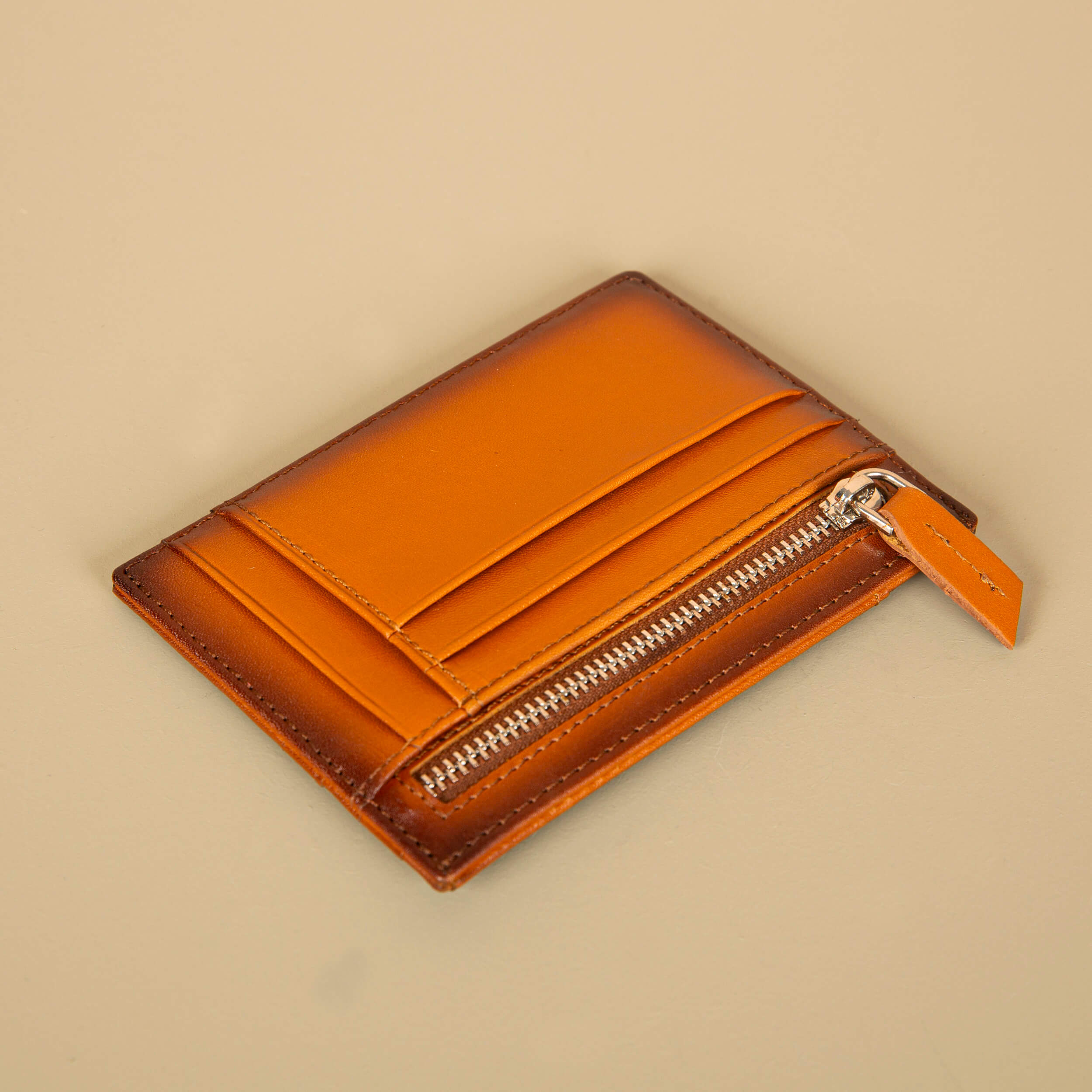 Vibrant Leather Card Holder with Zipper Pocket - Caramel Brown - Concord