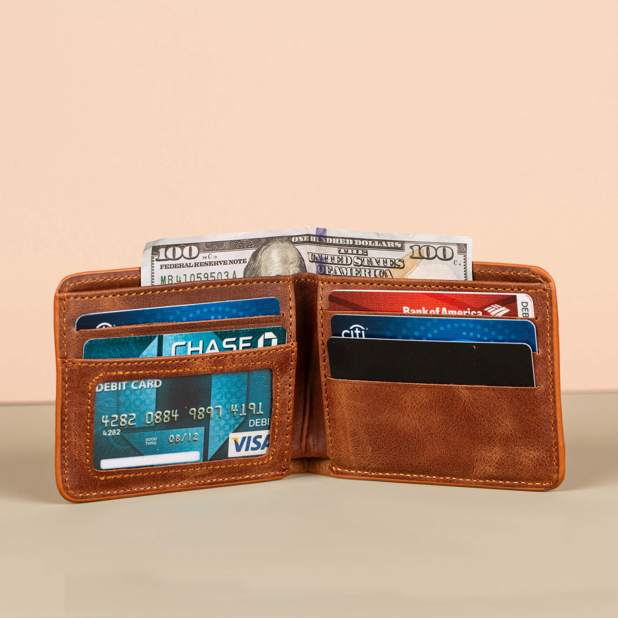 Premium Leather Bifold Wallet - Brown - Washington