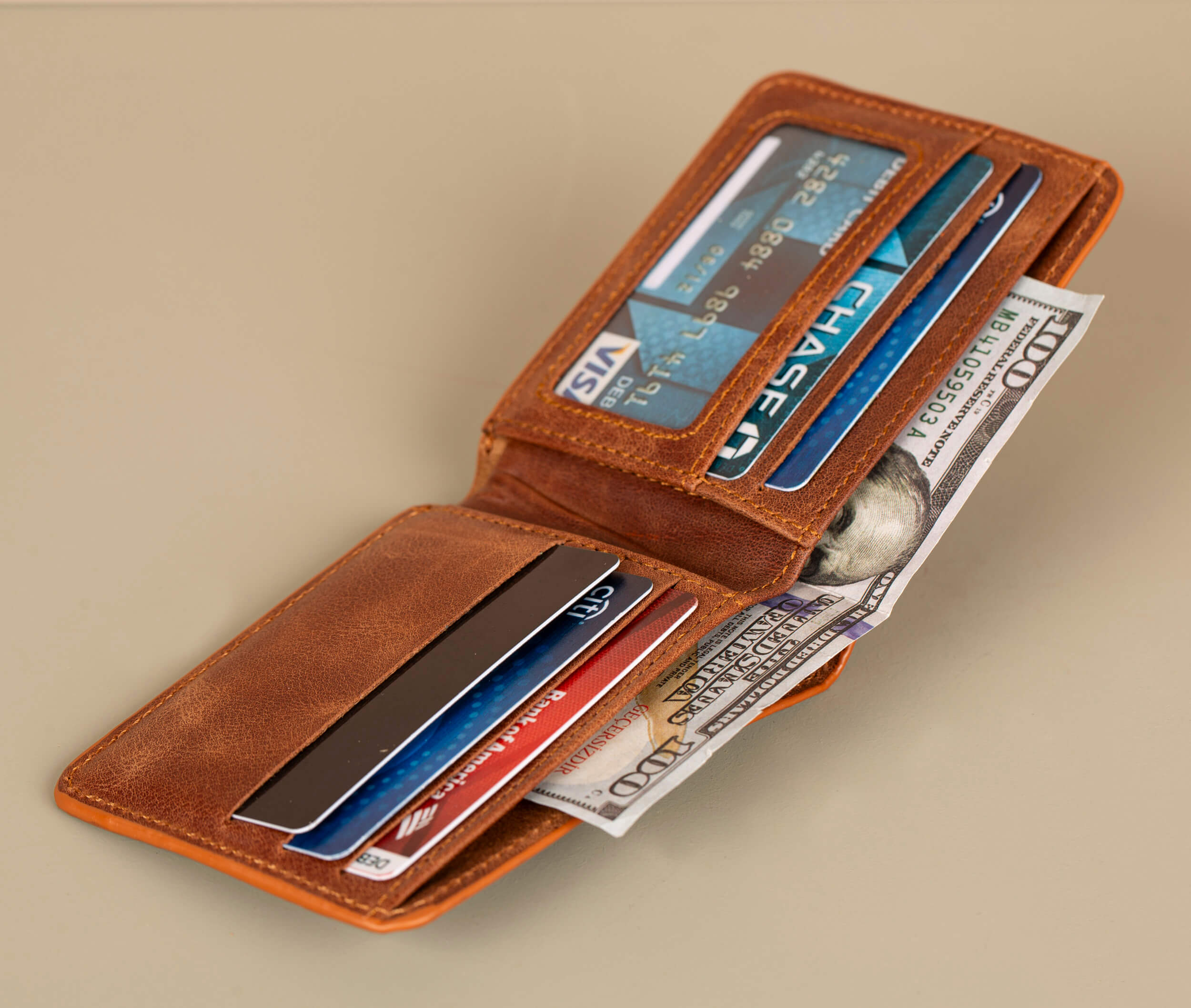 Premium Leather Bifold Wallet - Brown - Washington