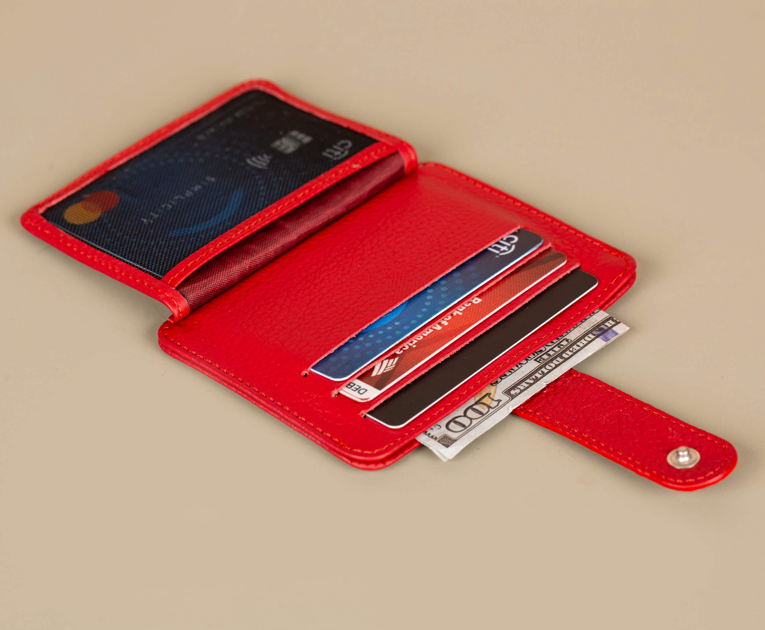 Leather Card Holder Wallet with ID Window - Red - Miami