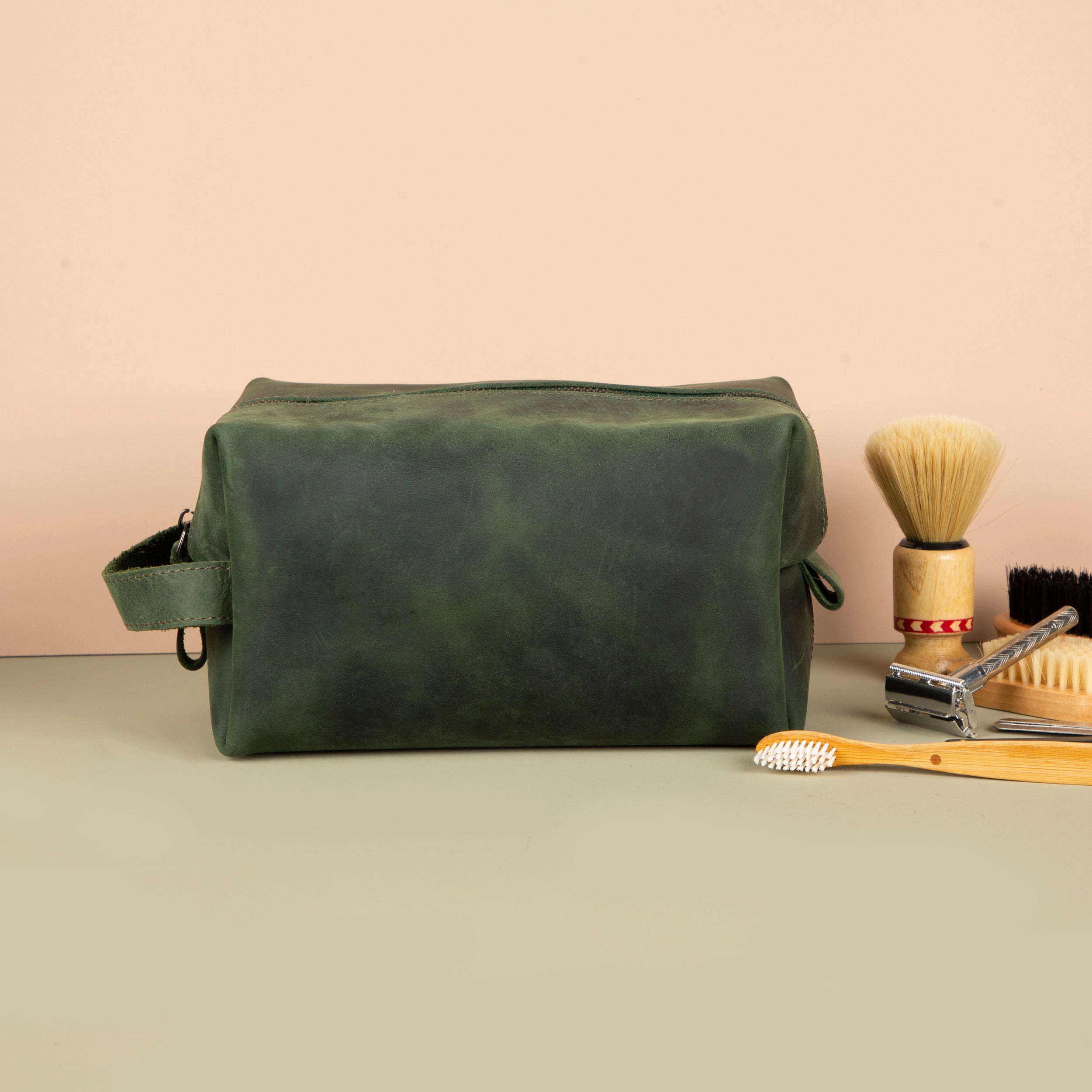 Handmade Leather Makeup Bag - Green- Minneapolis