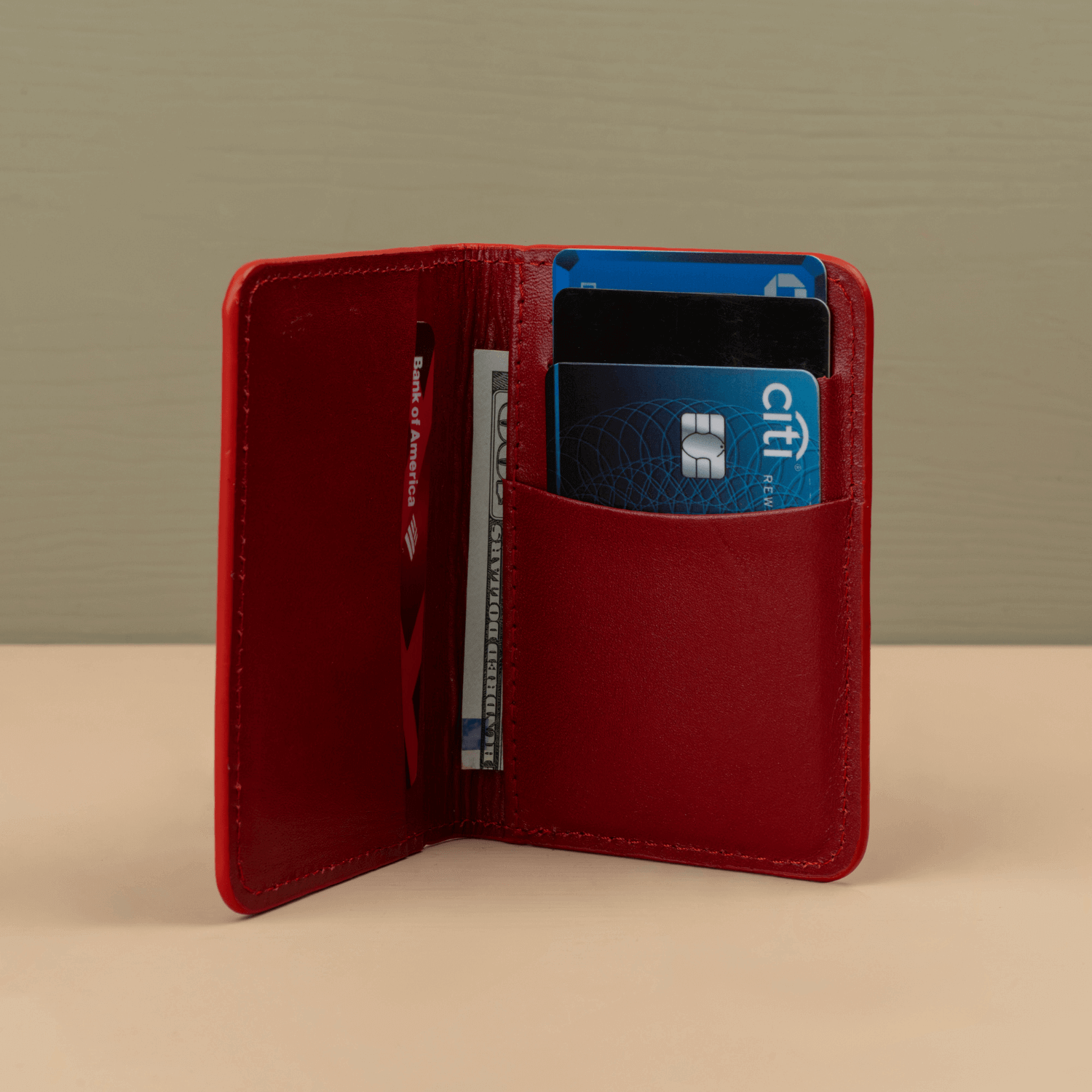 Red Leather Thin Wallet with Card Holder - LEATHERE