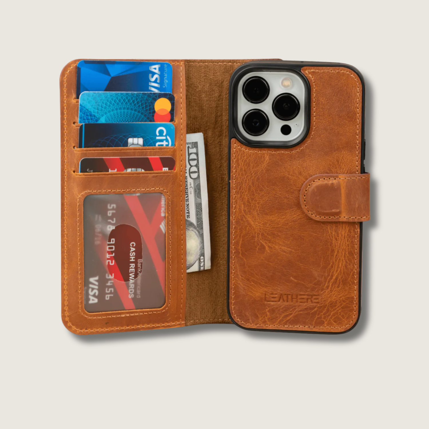 iPhone 15 Series Brown Leather Wallet Case - New York