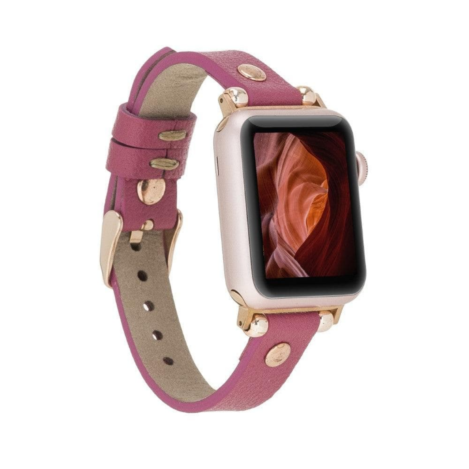 Magenta Leather Slim Apple Watch Band with Rivet - LEATHERE