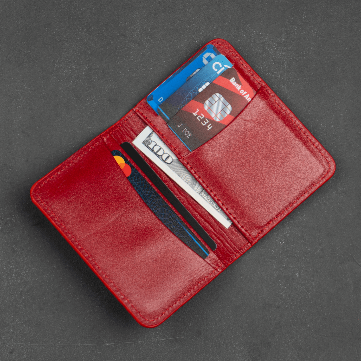 Red Leather Thin Wallet with Card Holder - LEATHERE