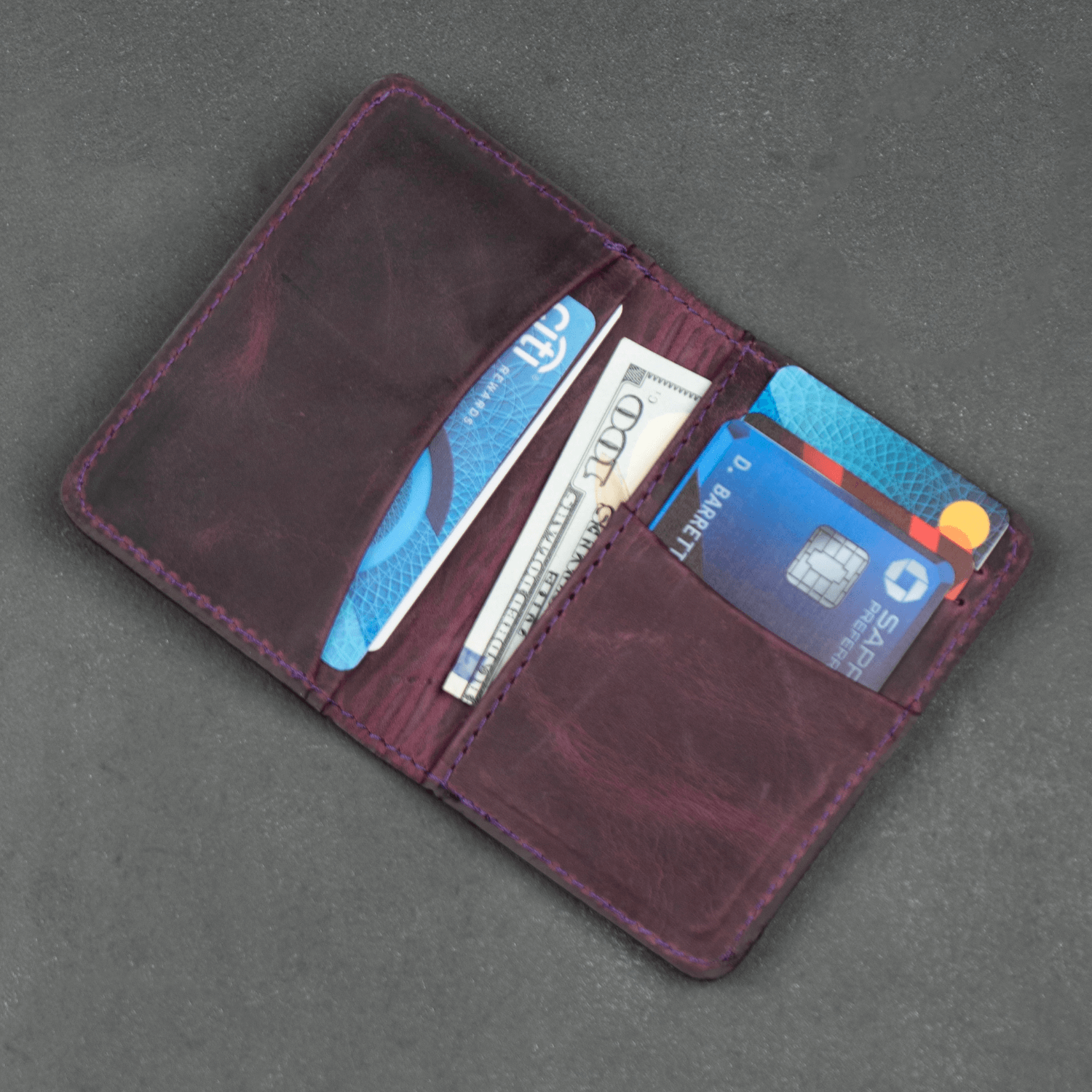 Purple Leather Thin Wallet with Card Holder - LEATHERE