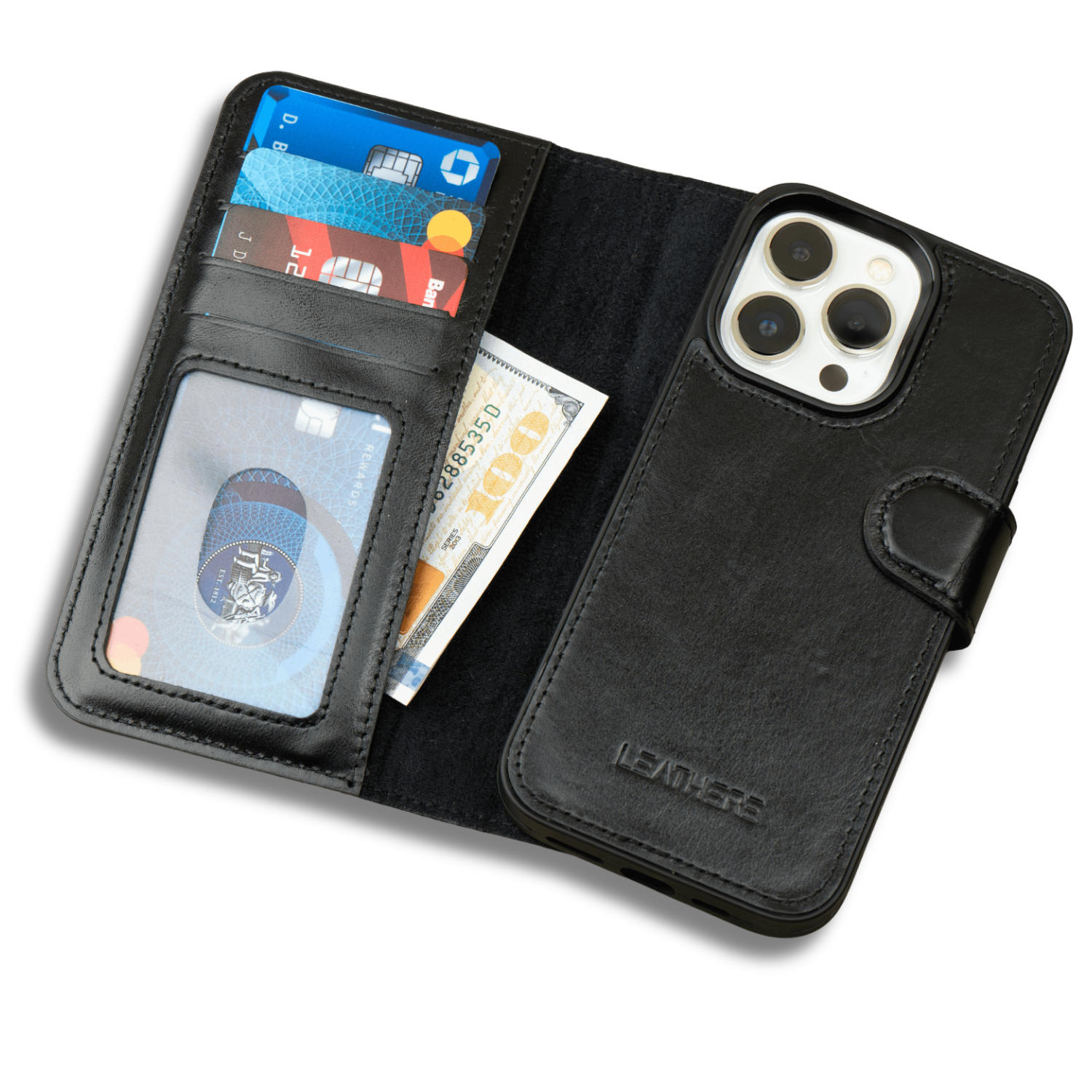 iPhone 16 Series Black Leather Wallet Case - New York