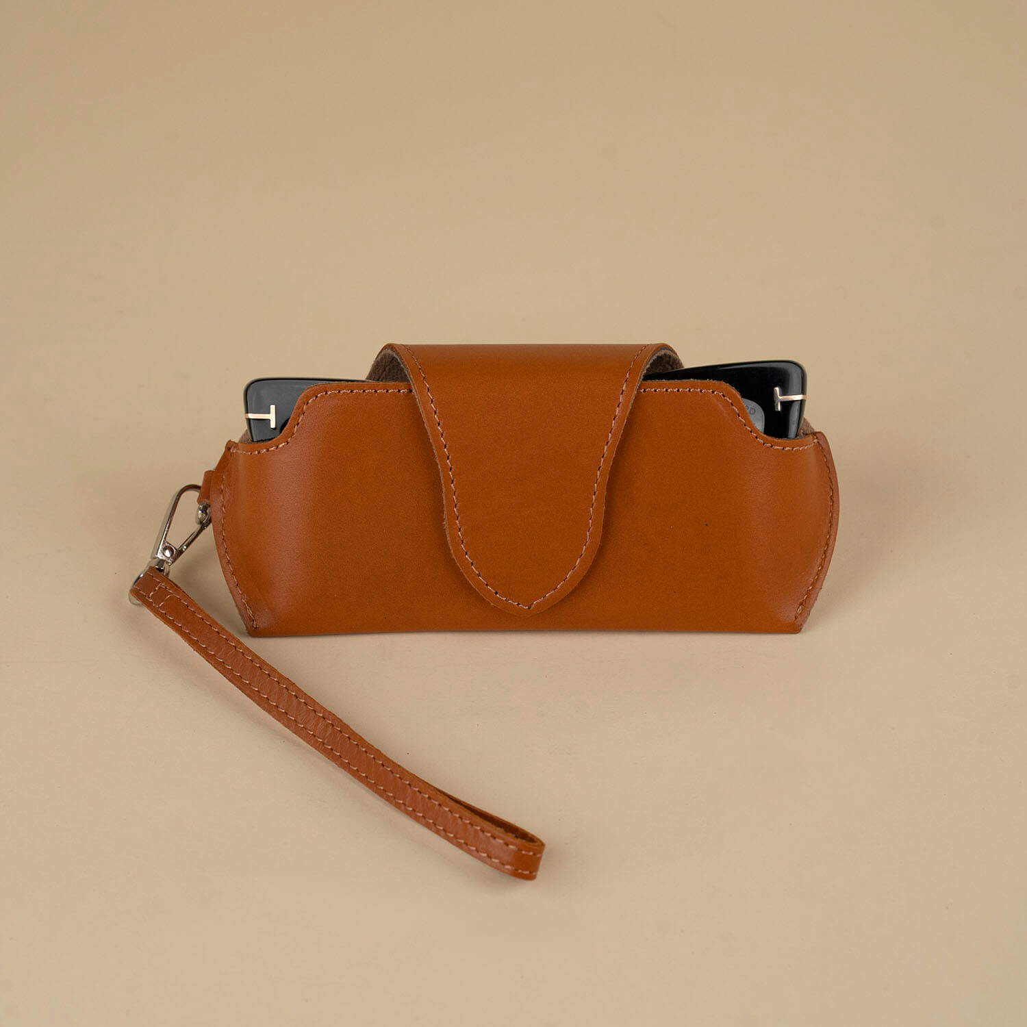 Leather Sunglass Case with Wrist Strap - Medium Brown - Denver