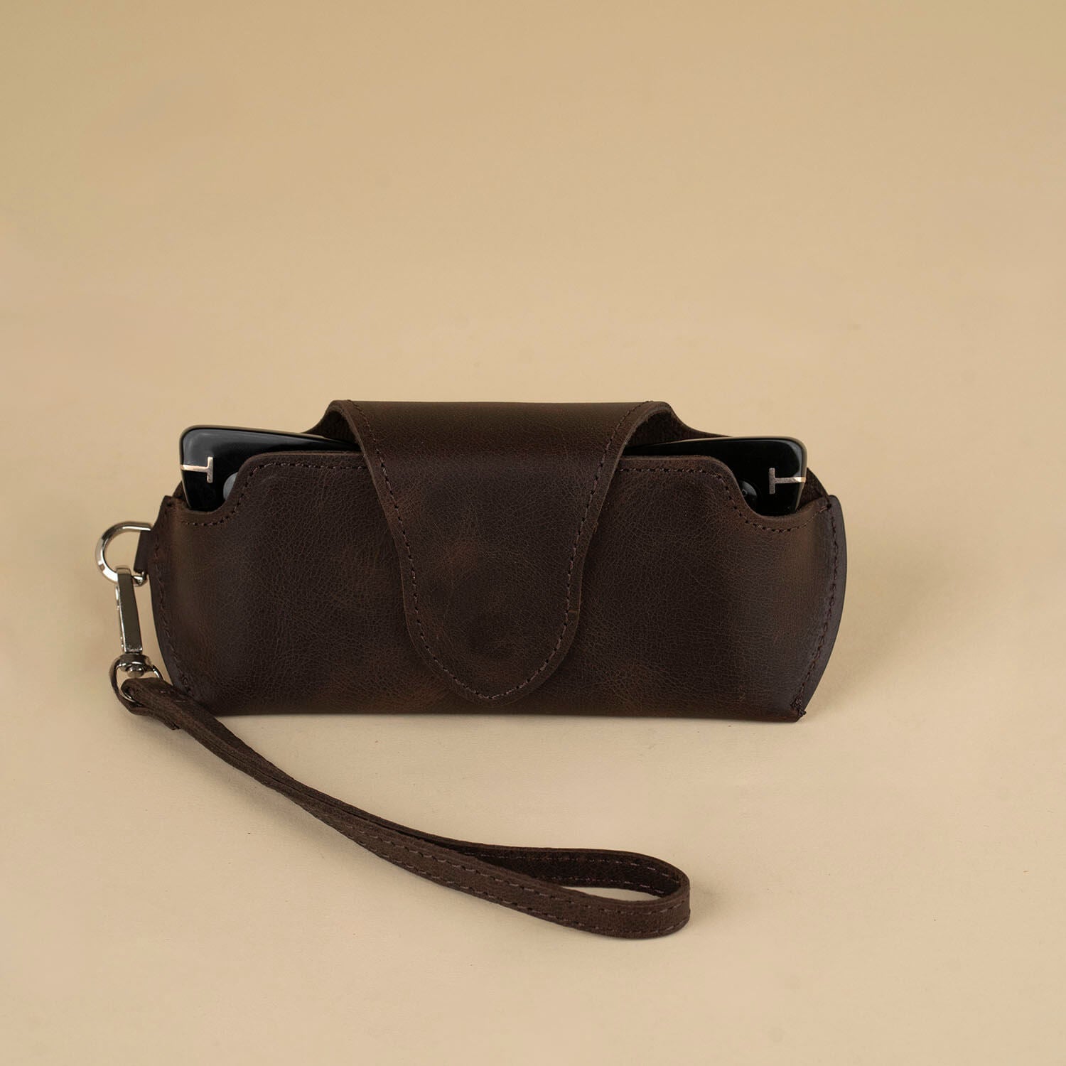 Leather Sunglass Case with Wrist Strap - Dark Brown - Denver