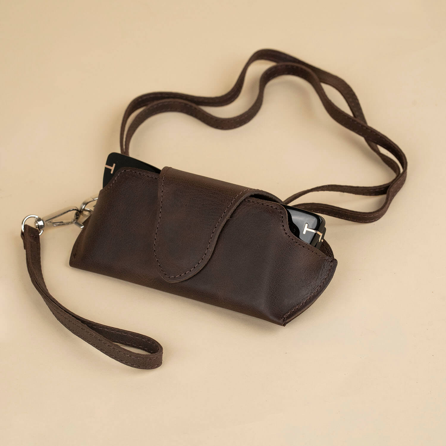 Leather Sunglass Case with Wrist Strap - Dark Brown - Denver