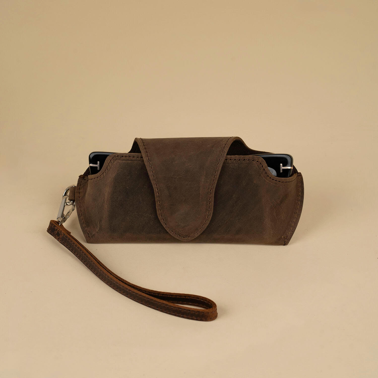 Leather Sunglass Case with Wrist Strap - Rich Dark Brown - Denver