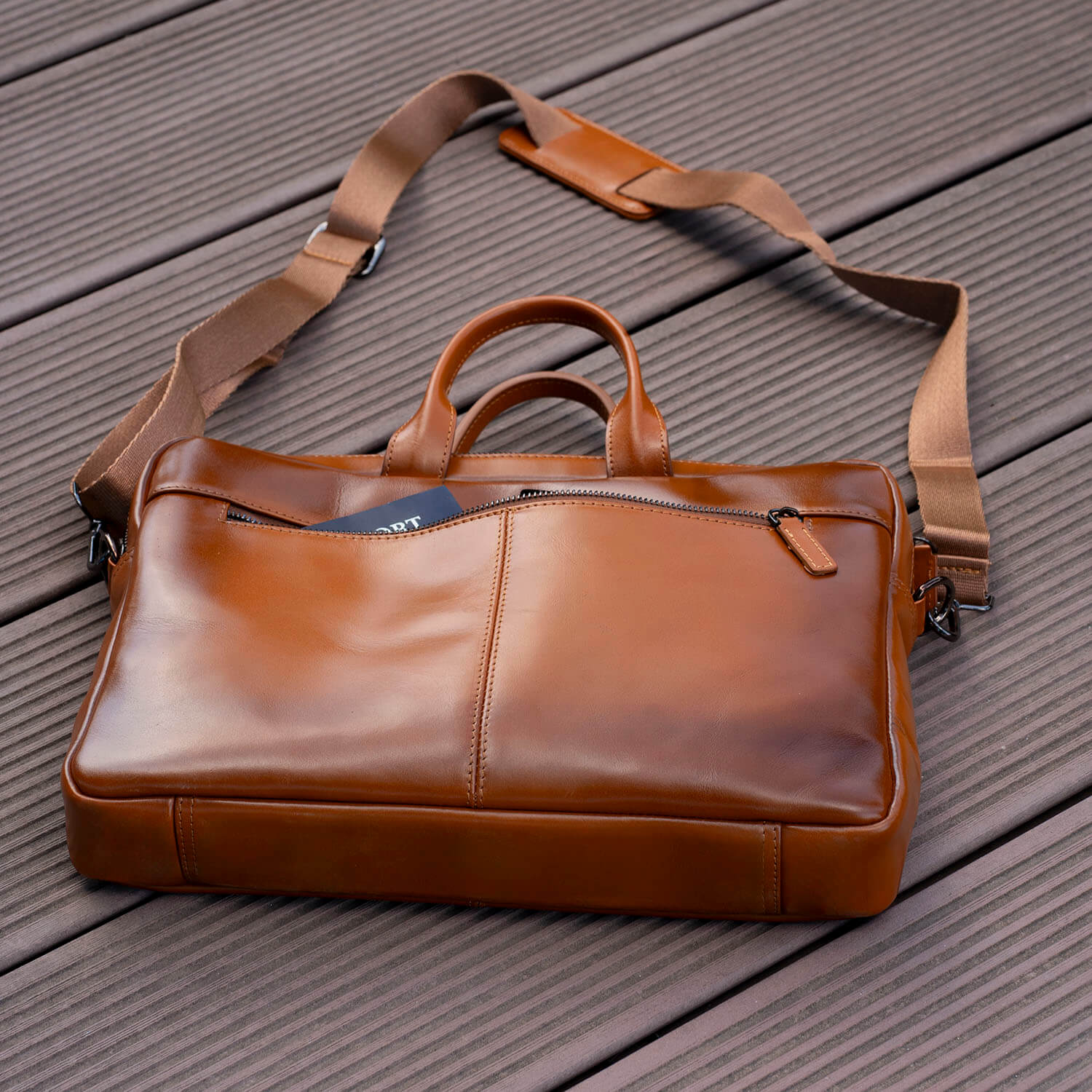 Classic Leather Laptop Bag - Camel Brown - Hollywood