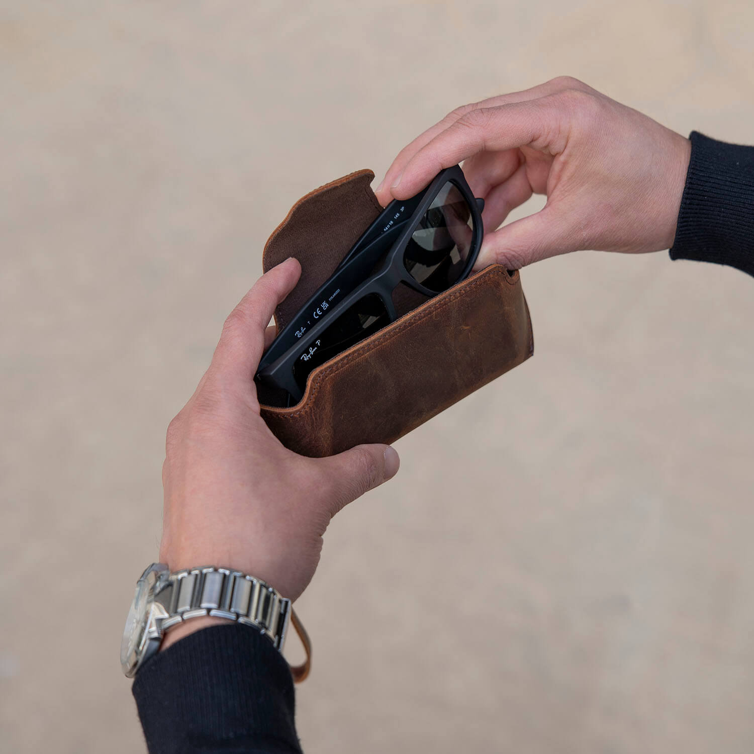 Leather Sunglass Case with Wrist Strap - Rich Dark Brown - Denver