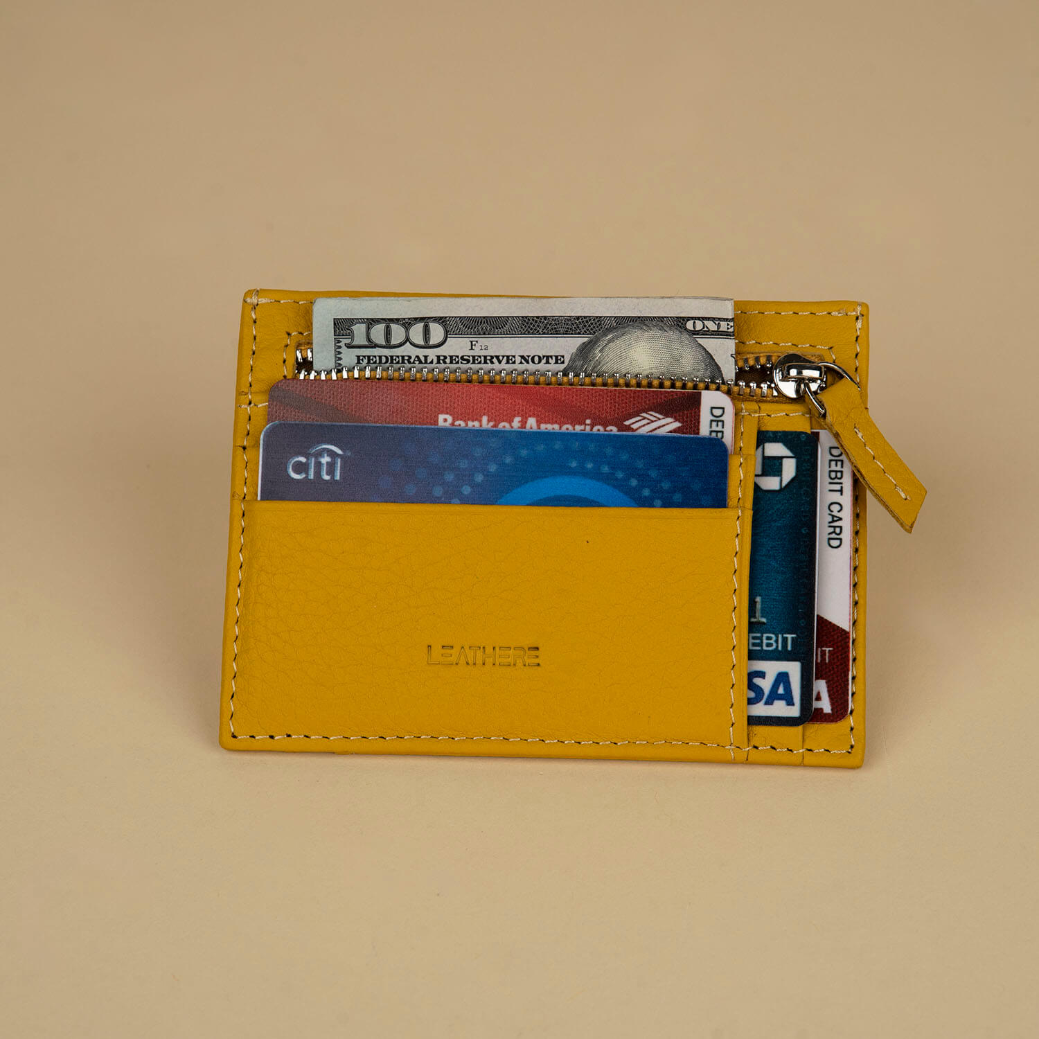 Vibrant Leather Card Holder with Zipper Pocket - Yellow - Concord