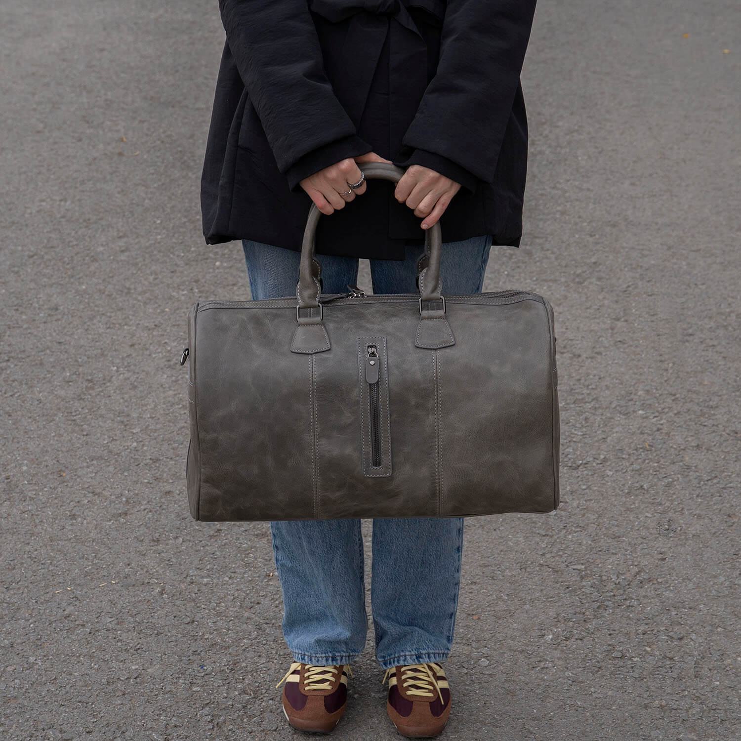 Vintage Leather Weekender Bag - Grey - Edison