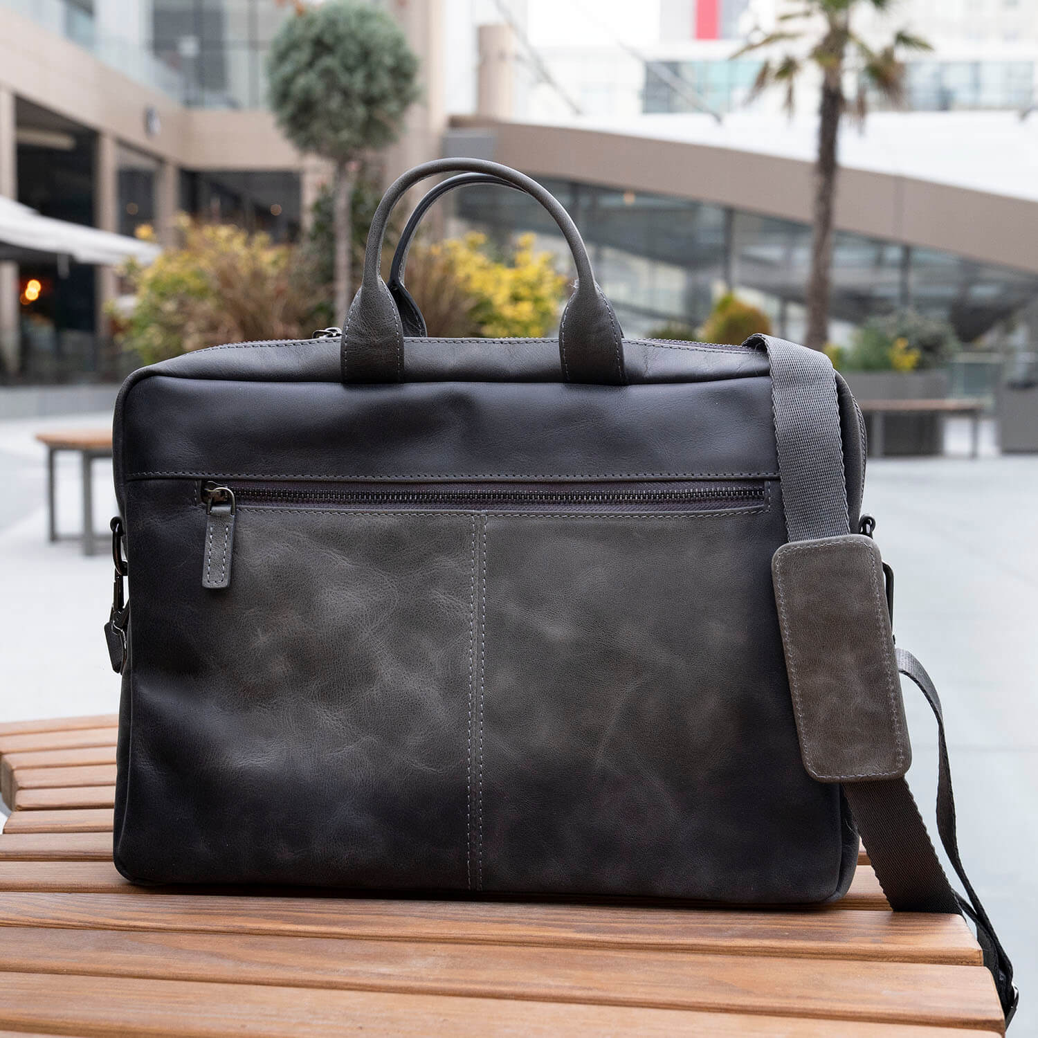 Classic Leather Laptop Bag - Grey - Hollywood