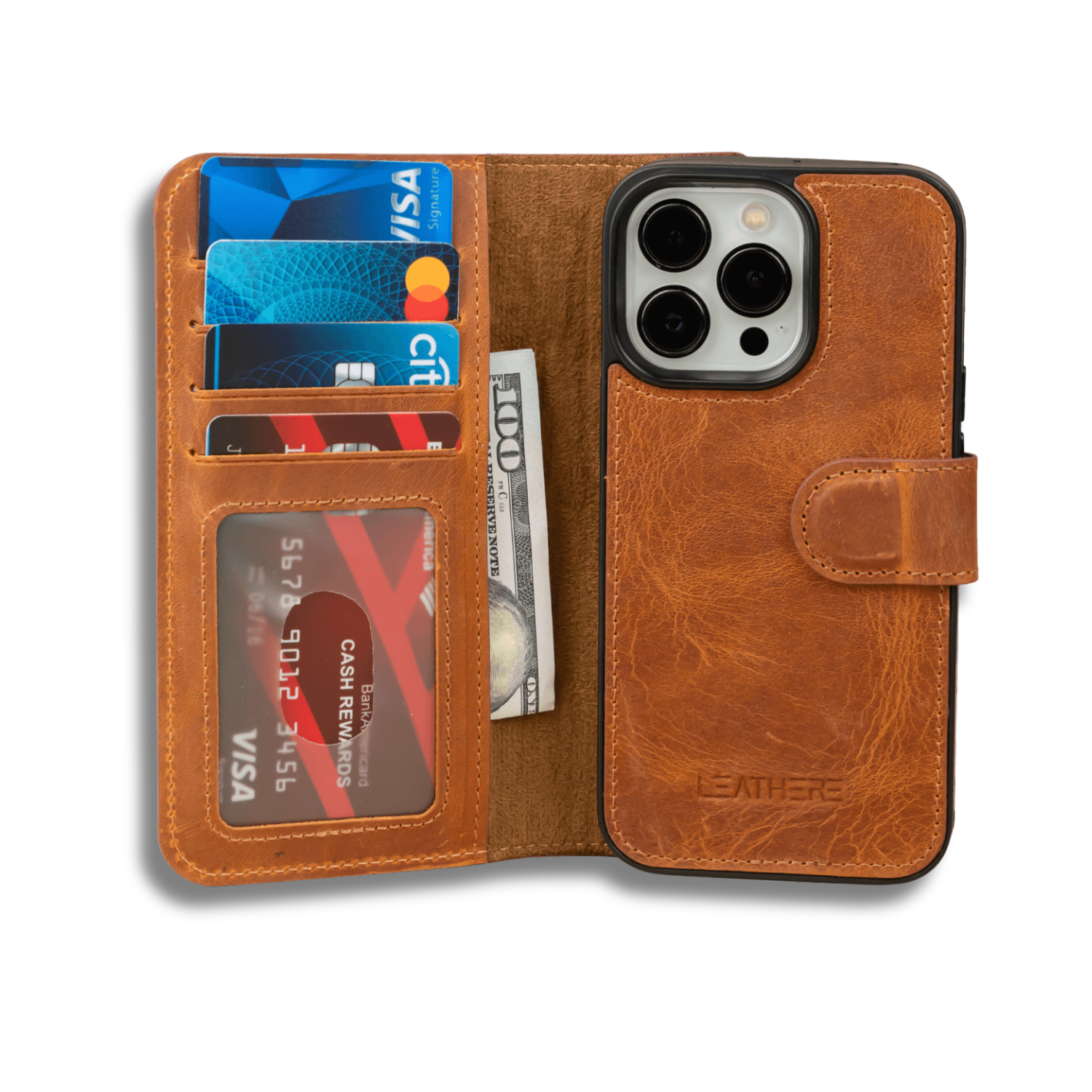 iPhone 16 Series Brown Leather Wallet Case - New York