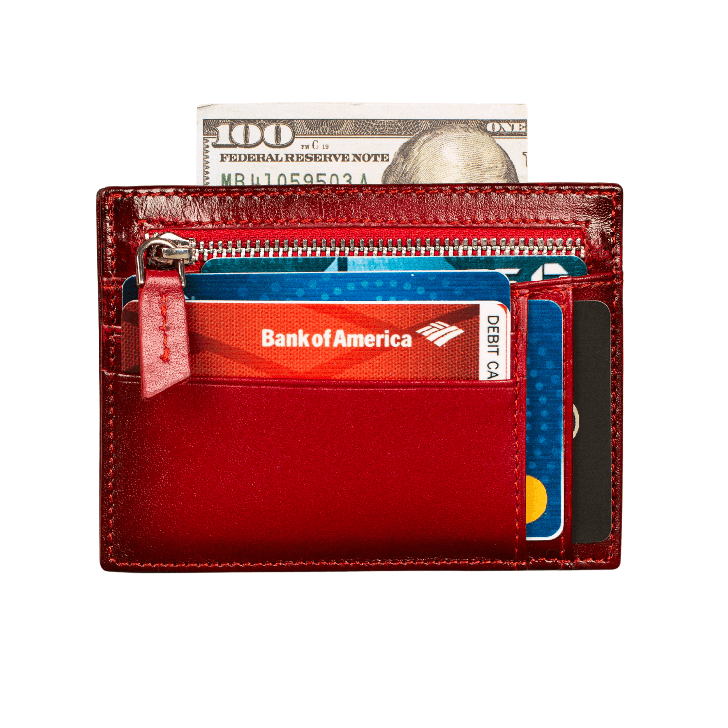 Vibrant Leather Card Holder with Zipper Pocket - Glossy Red - Concord