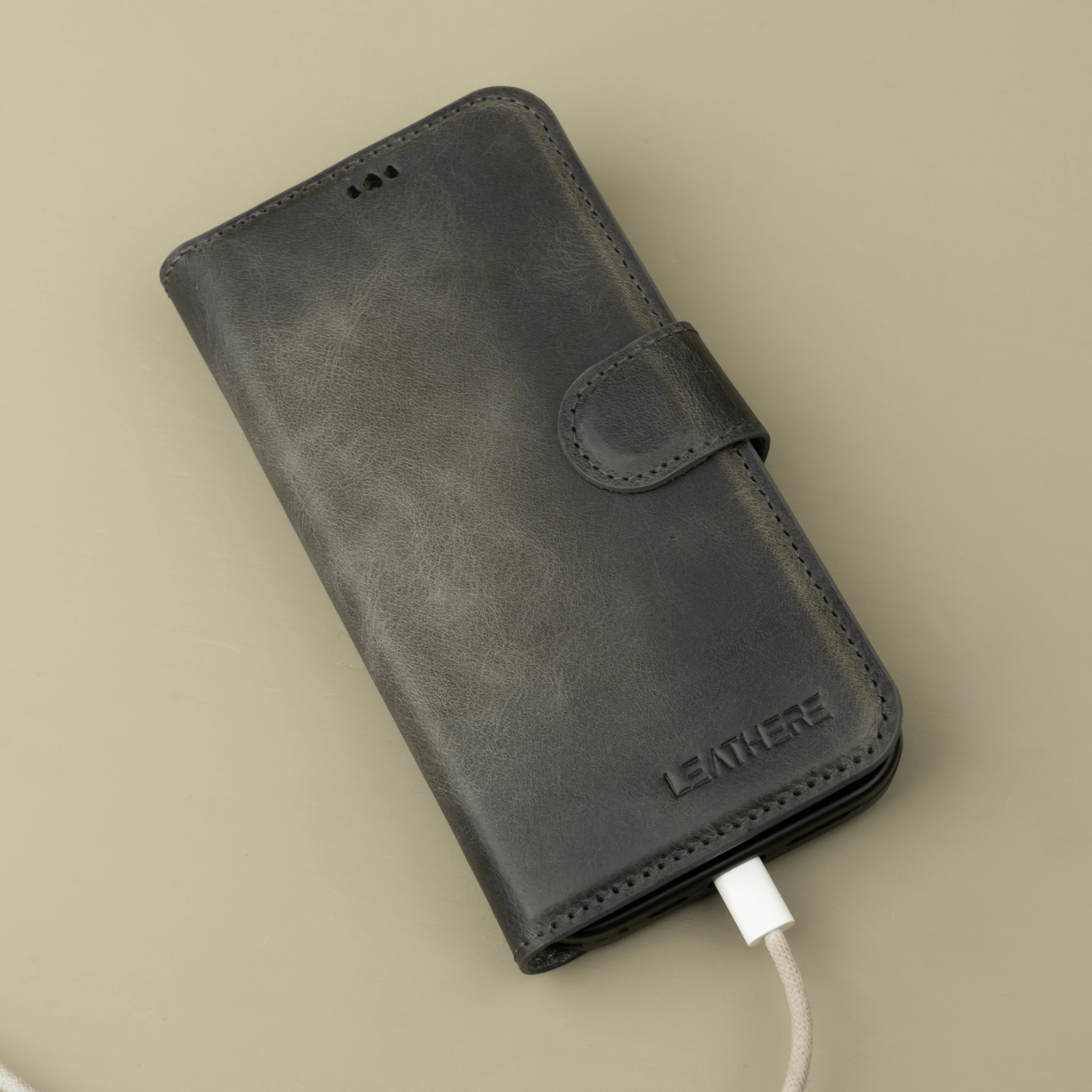 Grey Leather iPhone 16 Series Wallet Case - LEATHERE