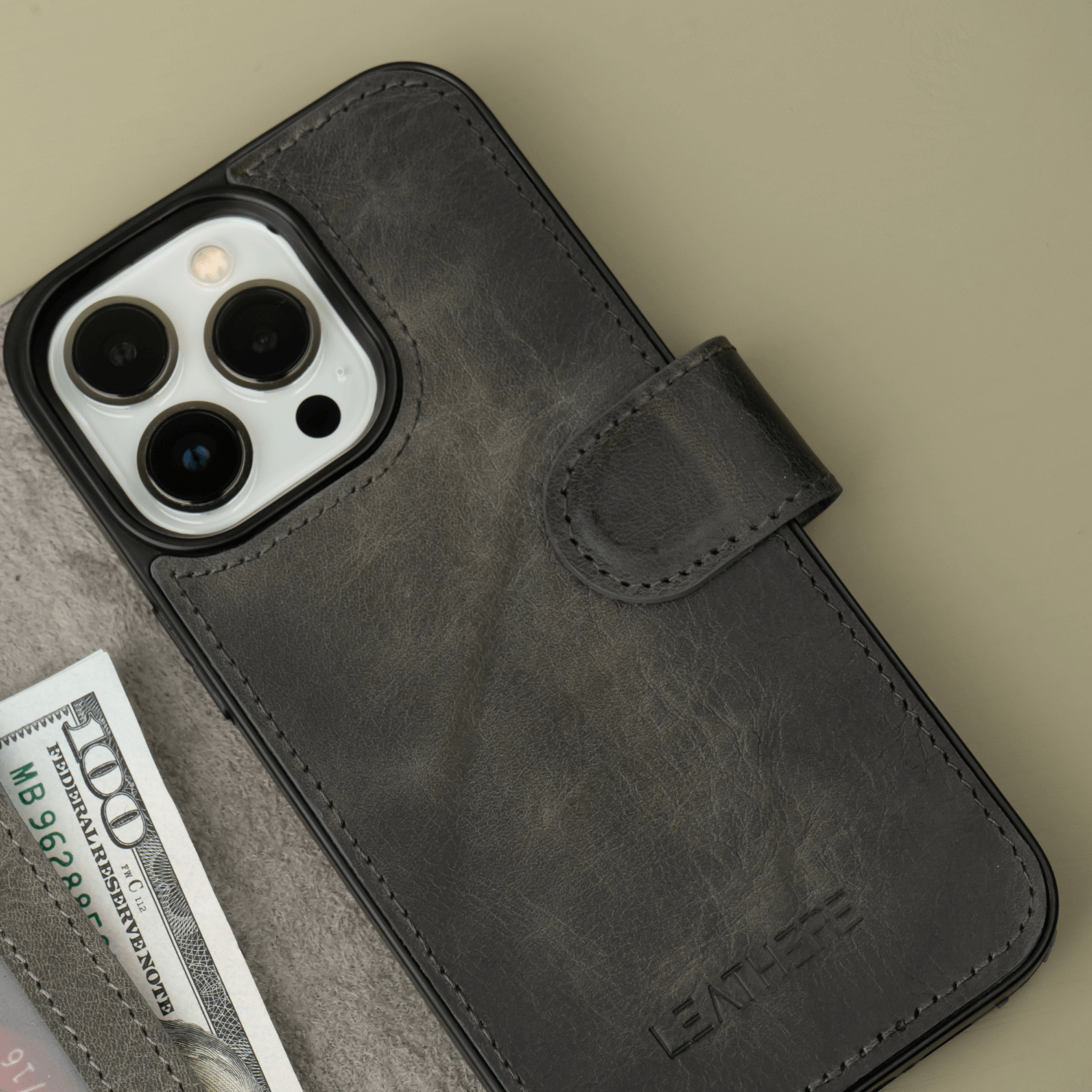 Grey Leather iPhone 16 Series Wallet Case - LEATHERE