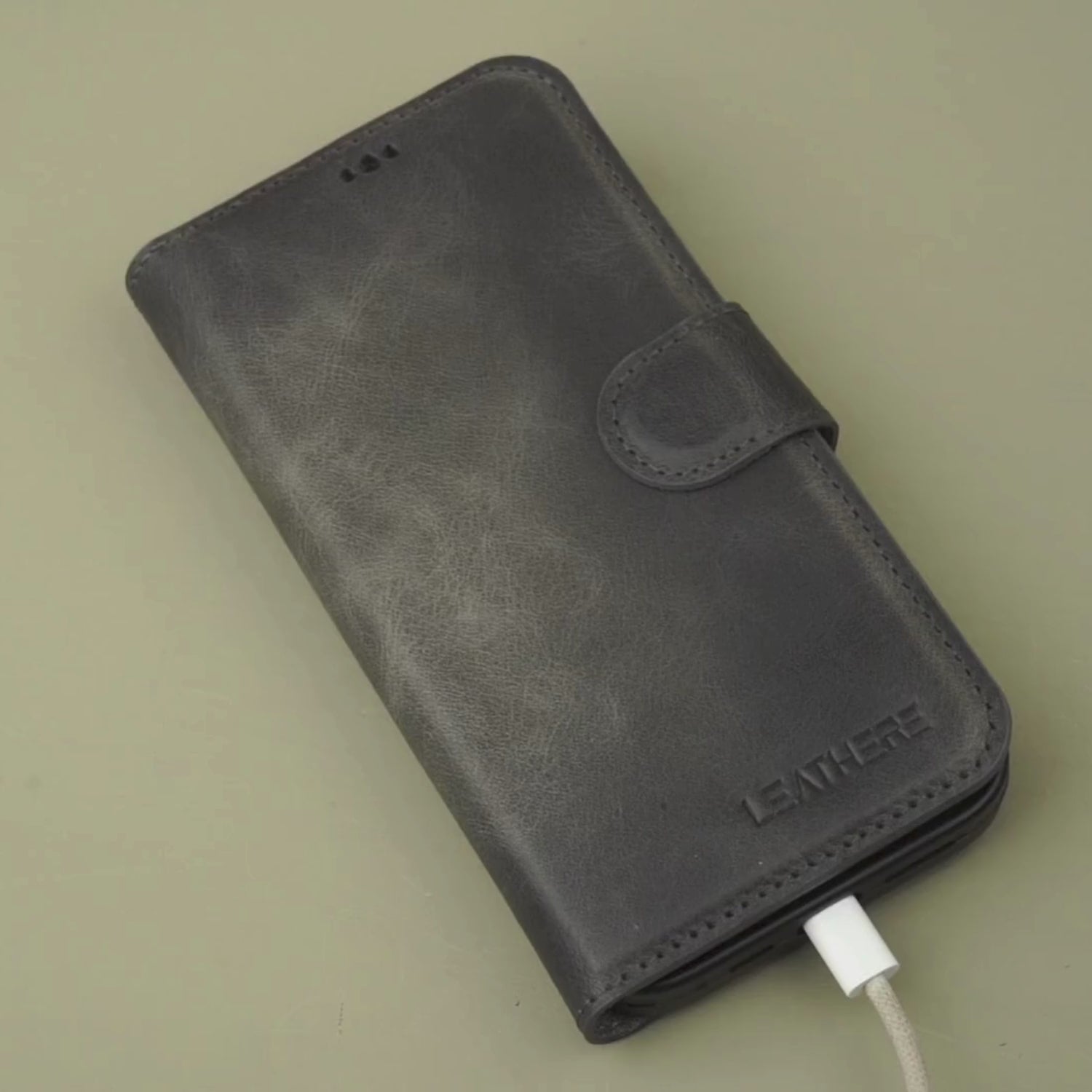 Grey Leather iPhone 16 Series Wallet Case - LEATHERE