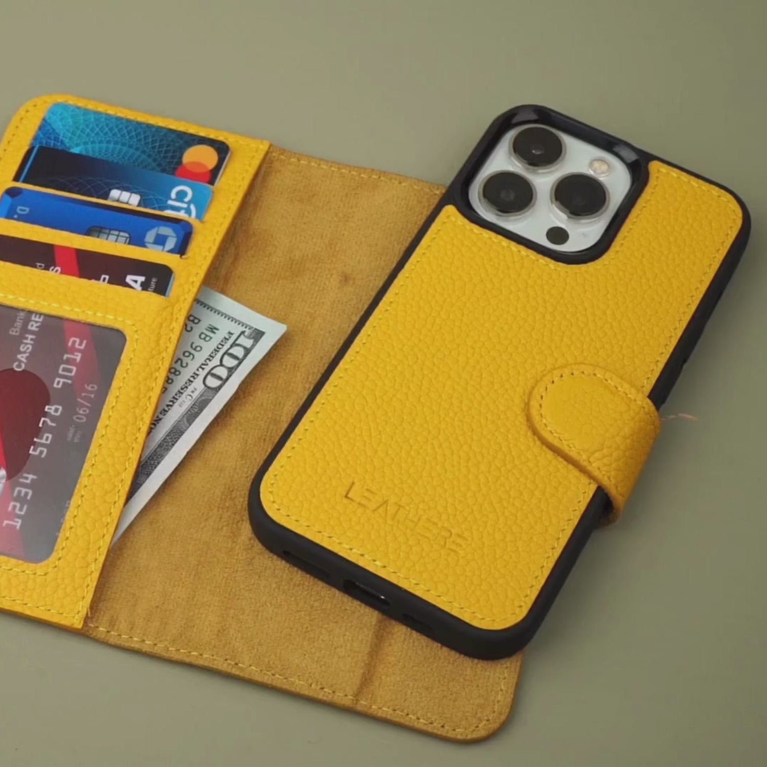 Yellow Leather iPhone 16 Series Wallet Case - LEATHERE